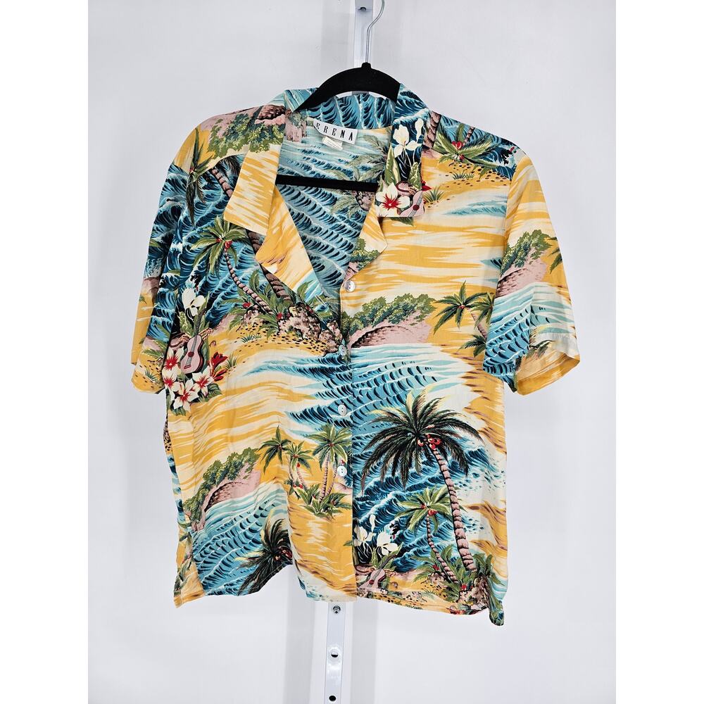 Vintage Erena Womens Sz XL Short Sleeve Button Up Hawaiian Shirt Palm Ukulele
